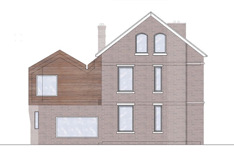 Ansichtszeichnung: Backsteinhaus mit neuem Anbau aus Holz