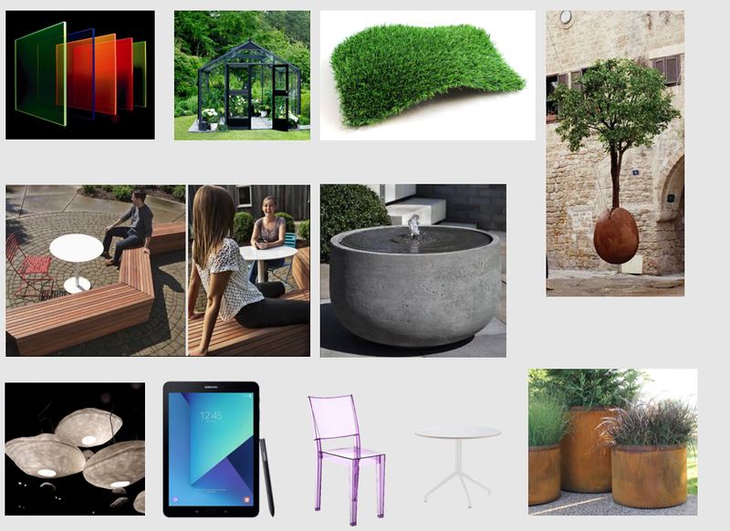 Moodboard mit buntem Glas, Gewächshaus, Kunstrasen, Bäumen, Betonbrunnen, Sitzbänken und Pflanzkübeln