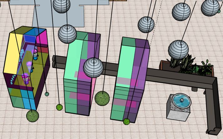 3D-Ansicht von oben: Gewächshaus-Module, Papierballon-Leuchten und lange Sitzbank