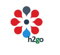 Logo „h2go“: rote Blütenblätter um einen dunklen Kreis mit einem blauen Wassertropfen