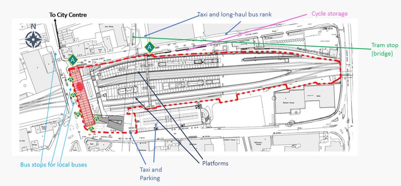 Lageplan des Bahnhofs Nottingham mit Busstationen, Taxistand, Fahrradstellplätzen und Zugängen