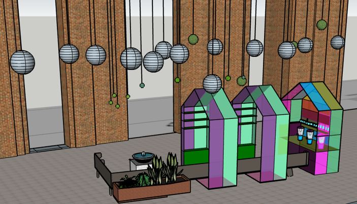 3D-Entwurf eines bunten, offenen Gewächshauses mit Papierballon-Leuchten als Pop-up-Store